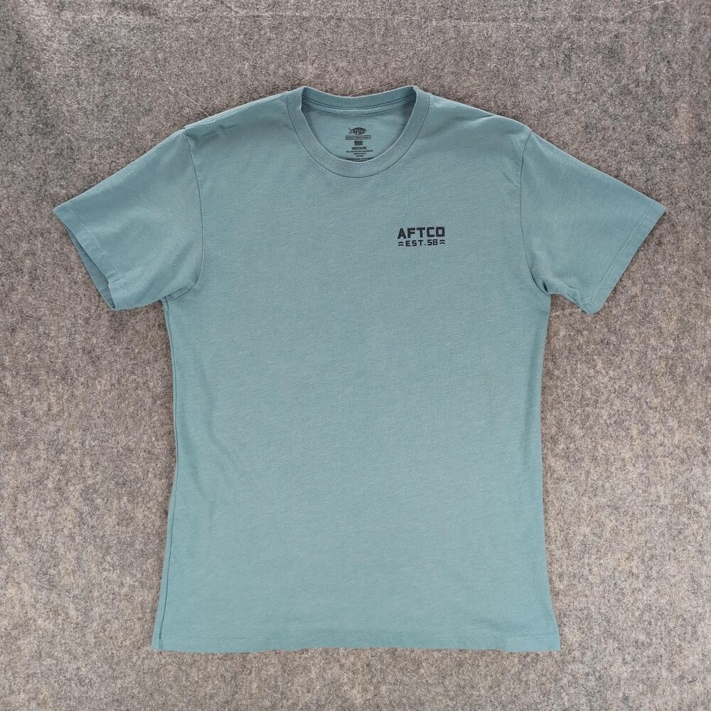AFTCO Shirt Mens Medium Blue Mountain Sunset Graphic Outdoor Tee Logo Casual